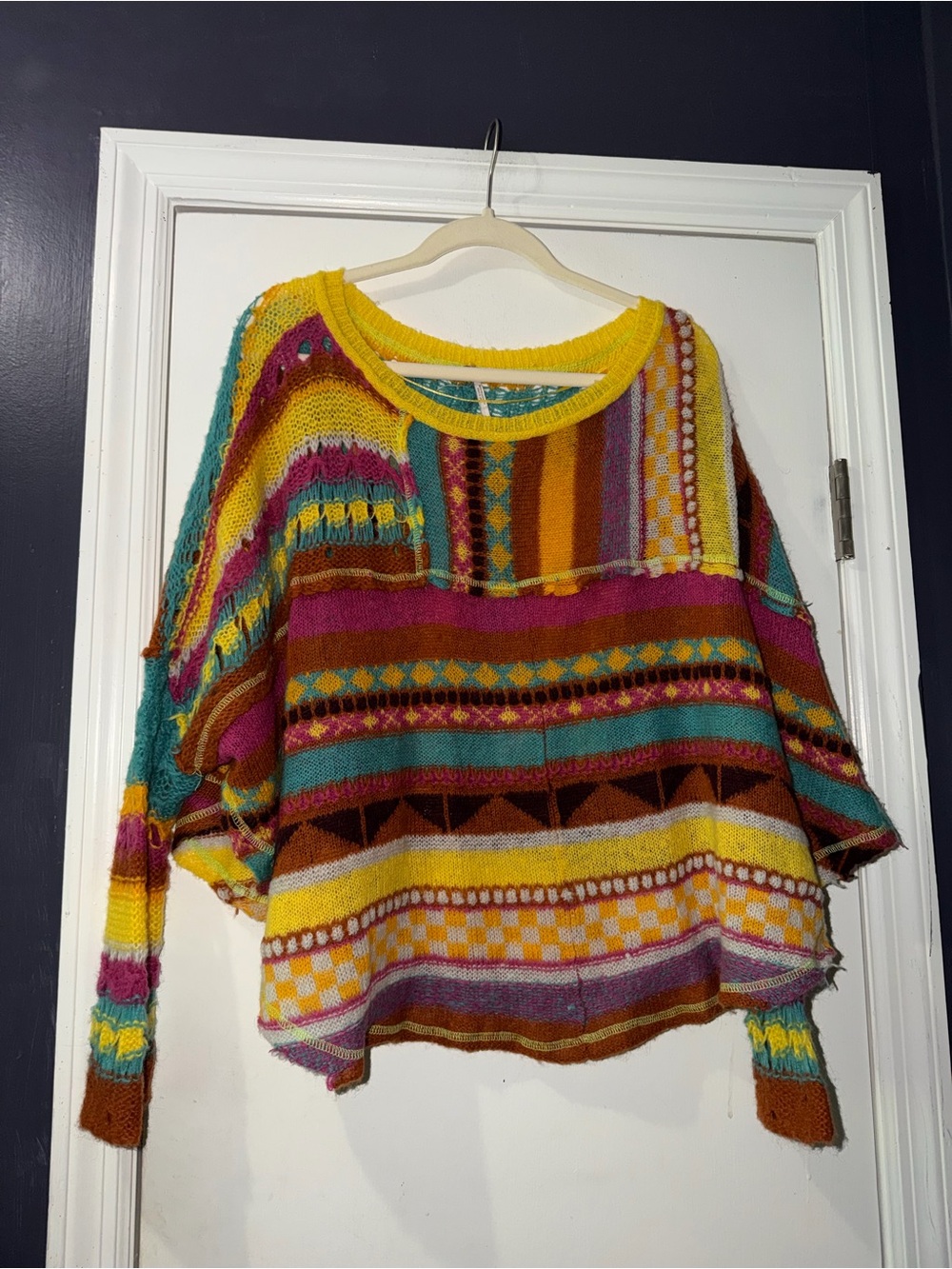 Free People Colorblock Geometric Crewneck Sweater - Yellow, Teal & Fuchsia